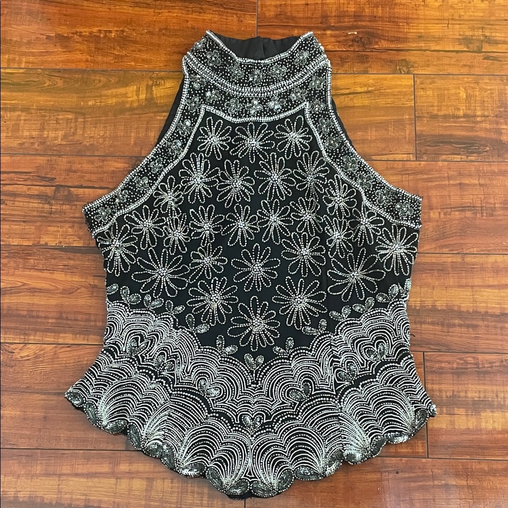 Papell Boutique Black and Silver Floral Embellished Blouse
